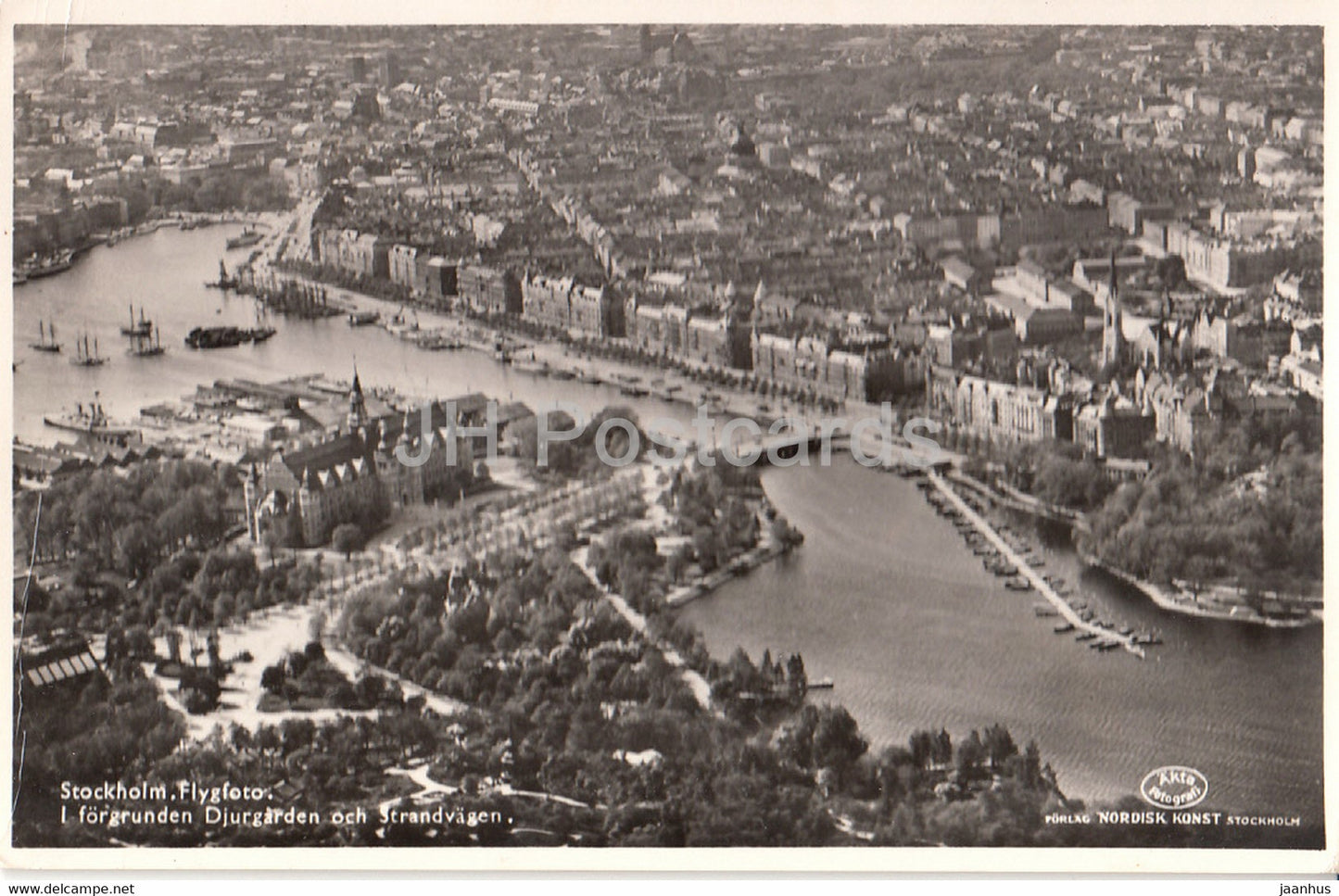 Stockholm - Flygfoto - I forgrunden Djurgarden och Strandvagen - aerial view - old postcard - 1938 - Sweden - used - JH Postcards