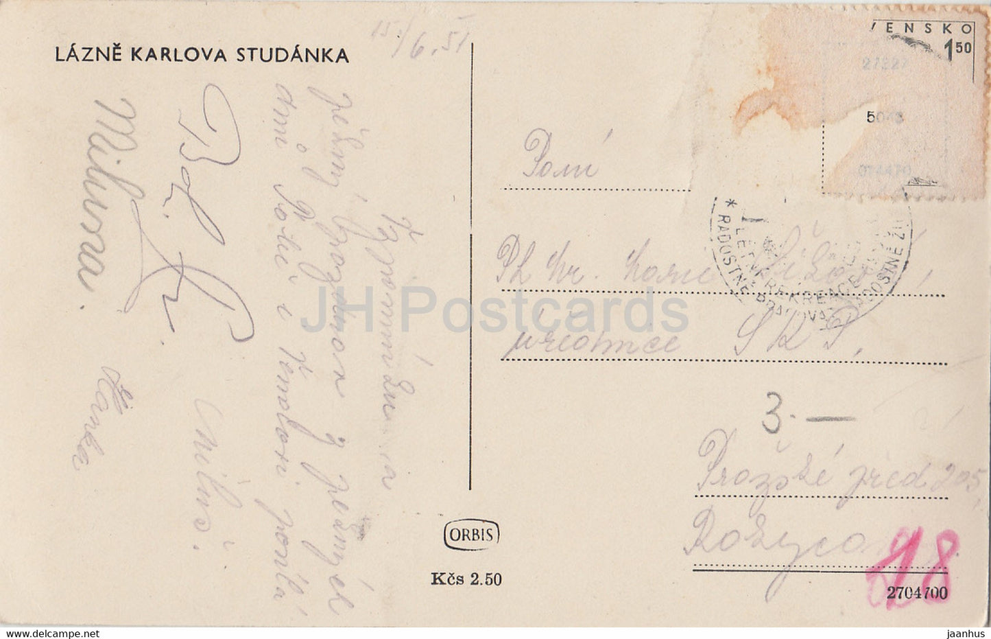 Lazne Karlova Studanka - old postcard - 1951 - Czechoslovakia - Czech Republic - used