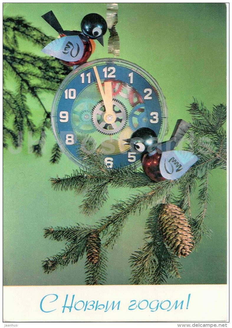 New Year Greeting card - birds - clock - postal stationery - 1976 - Russia USSR - unused - JH Postcards