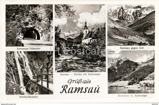 Gruss aus Ramsau - Ramsauer Felsentor - Wimbachklamm - Kirche - Hintersee - old postcard - Germany - unused - JH Postcards