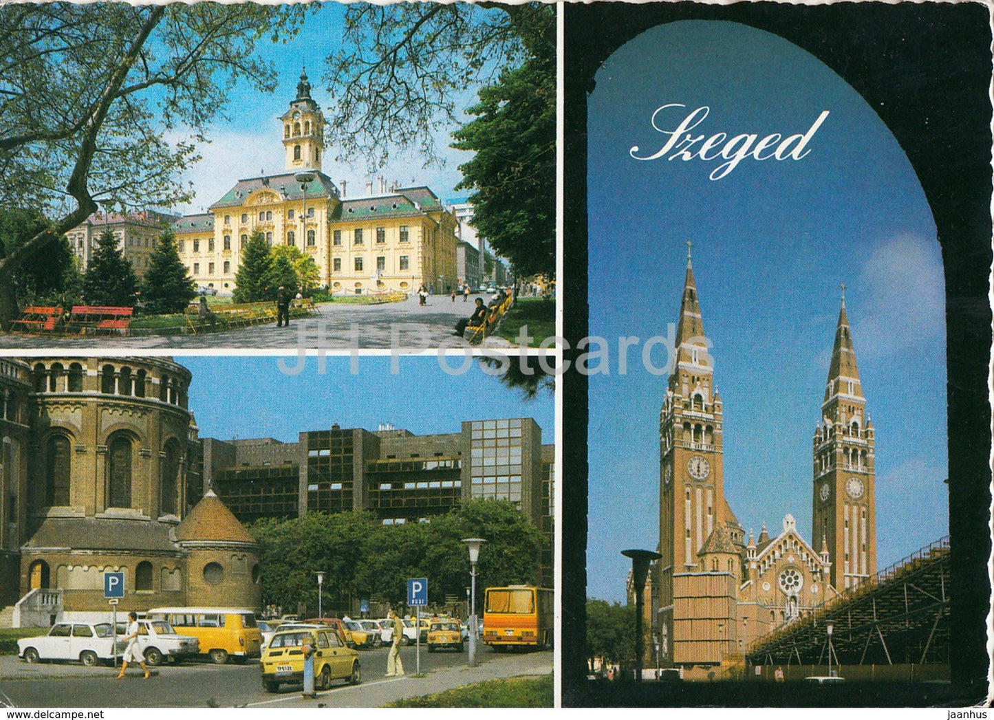 Szeged - architecture - cathedral - bus Ikarus - cars - multiview - 1980s - Hungary - used - JH Postcards