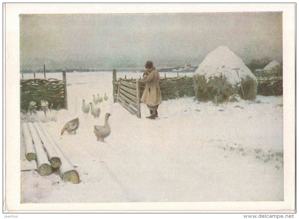 painting by M. Germashev - After the Snowfall - geese - State Tretyakov Gallery - russian art - unused - JH Postcards