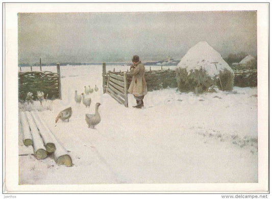 painting by M. Germashev - After the Snowfall - geese - State Tretyakov Gallery - russian art - unused - JH Postcards