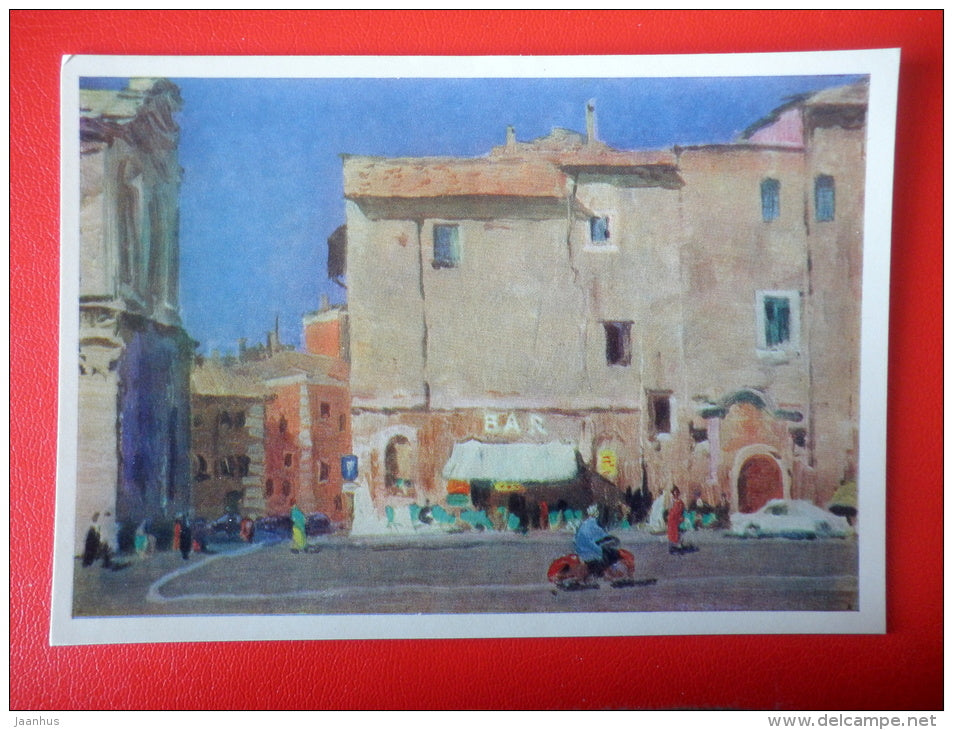 painting by Y. Podliaskiy . Rome . Del Mare Street , 1963 - motorcycle - Italy - russian art - unused - JH Postcards