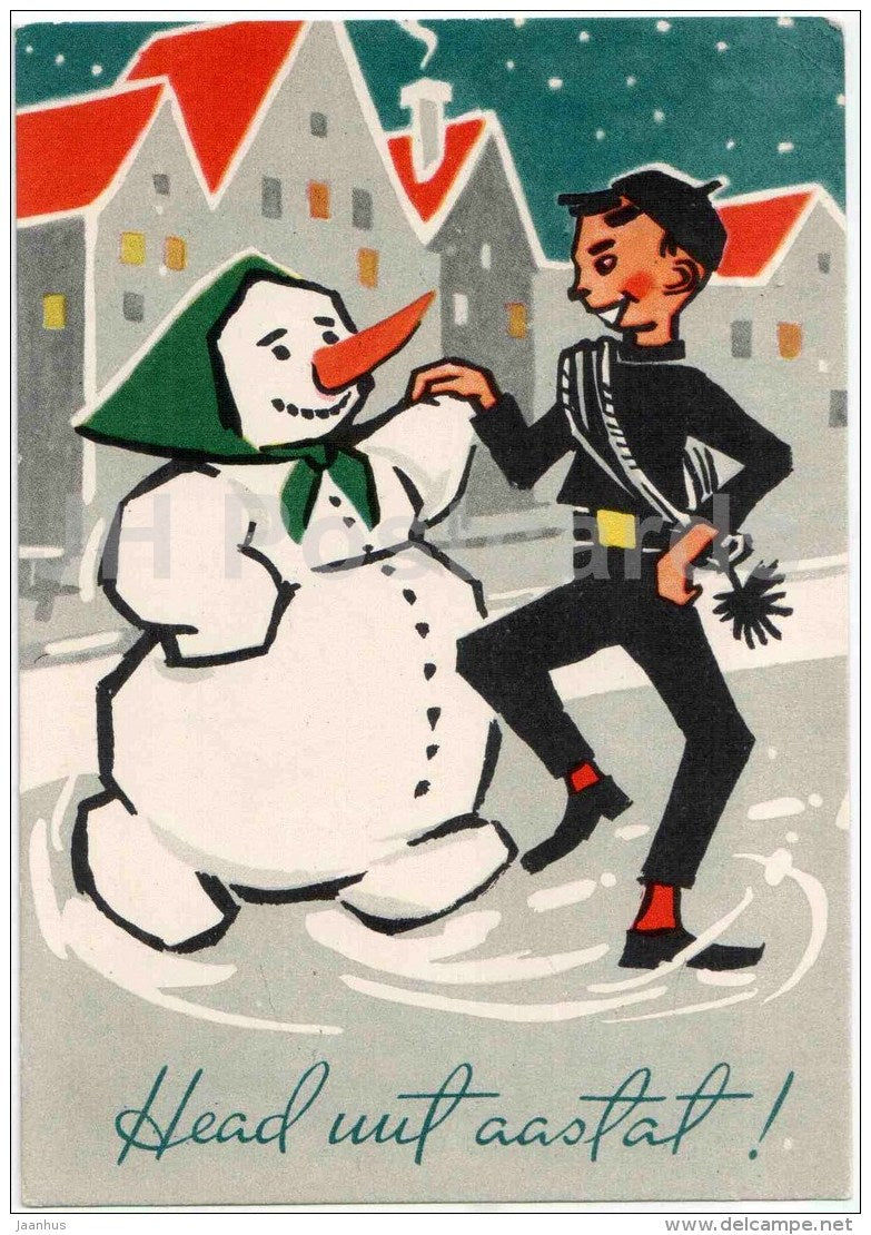New Year greeting card - snowman - chimney sweeper - 1963 - Estonia USSR - used - JH Postcards