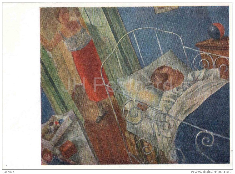 painting by K. Petrov-Vodkin - In the Nursery , 1925 - baby - russian art - unused - JH Postcards