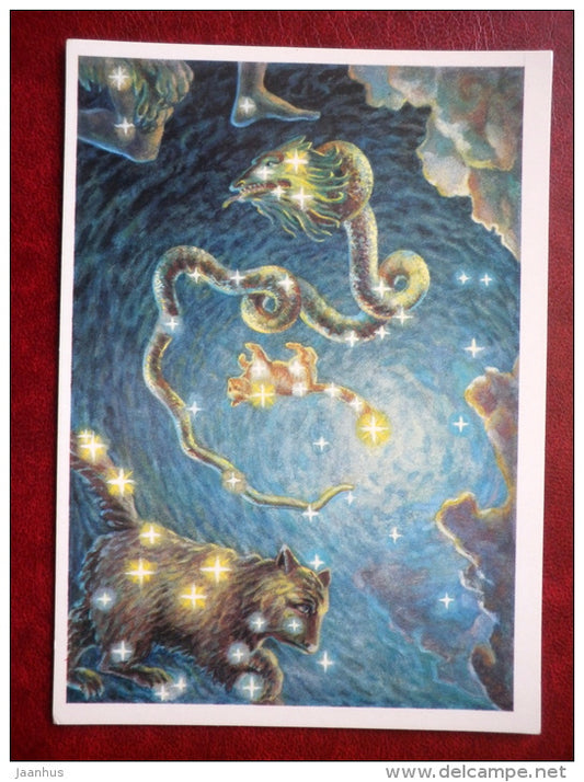 Draco - Ursa Minor - Ursa Major - constellations - dragon -  bear - stars - night sky - 1990 - Russia USSR - unused - JH Postcards