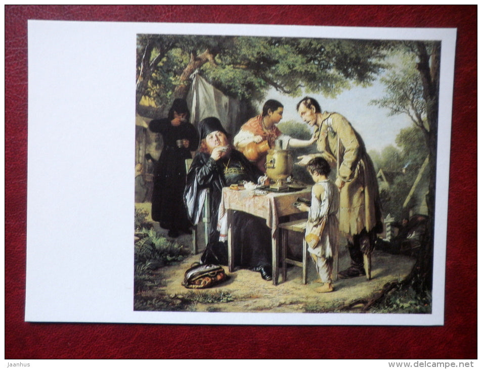 painting by Vasily Perov , Tea Party in Mytishchi near Moscow , 1862 - samovar - veteran - pope - russian art - unused - JH Postcards