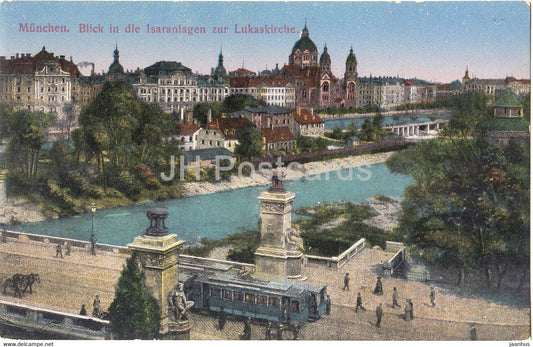Munchen - Blick in die Isaranlagen zur Lukaskirche - tram - Munich - 102 - old postcard - Germany - unused - JH Postcards