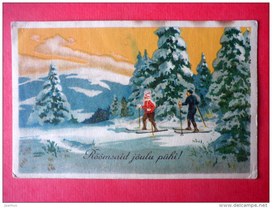 christmas greeting card - mountain - skiing - KJ Tartu 129 - circulated in Estonia 1938 - JH Postcards
