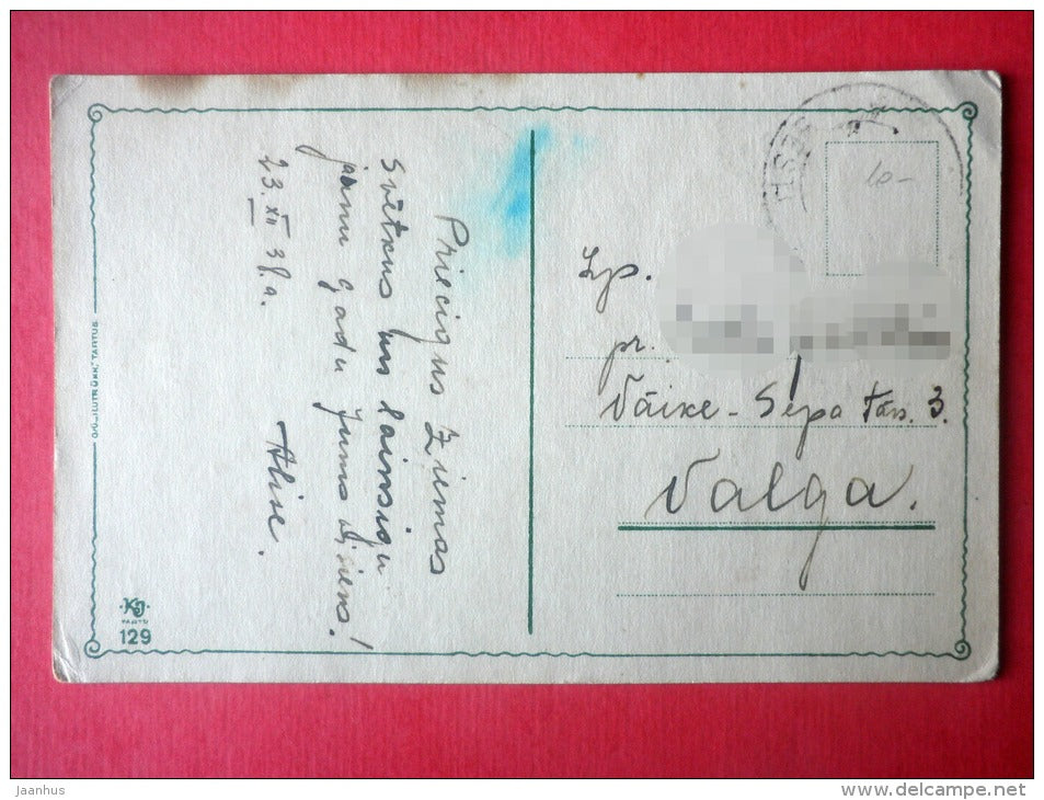 christmas greeting card - mountain - skiing - KJ Tartu 129 - circulated in Estonia 1938 - JH Postcards