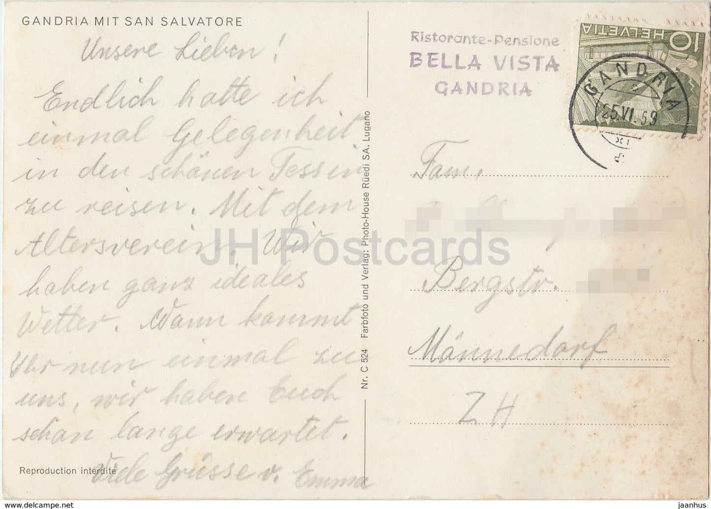 Gandri mit San Salvatore - Ristorante Pensione Bella Vista Gandria - 524 - 1959 - Switzerland - used