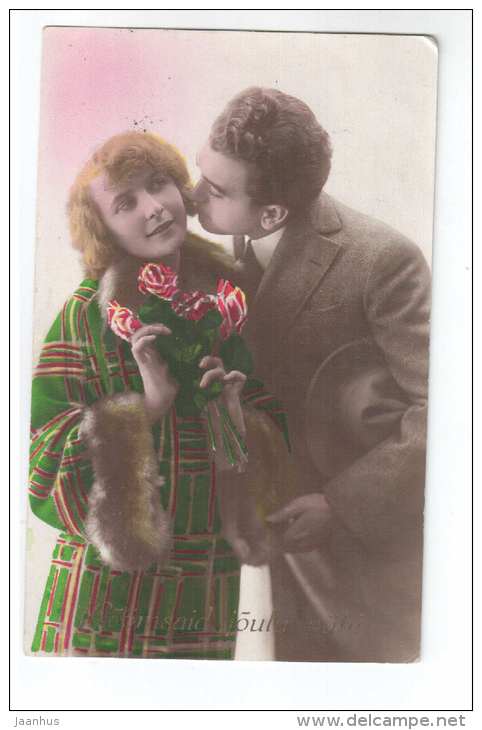 Man and Woman - flowers - hat - RIP 1093 - old postcard - circulated in Estonia 1928 Olustvere Tallinn - used - JH Postcards