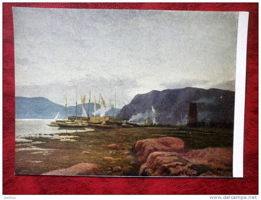Painting by M. A. Kuznetsov-Volzhsky - northern landscape - boats - russian art - unused - JH Postcards