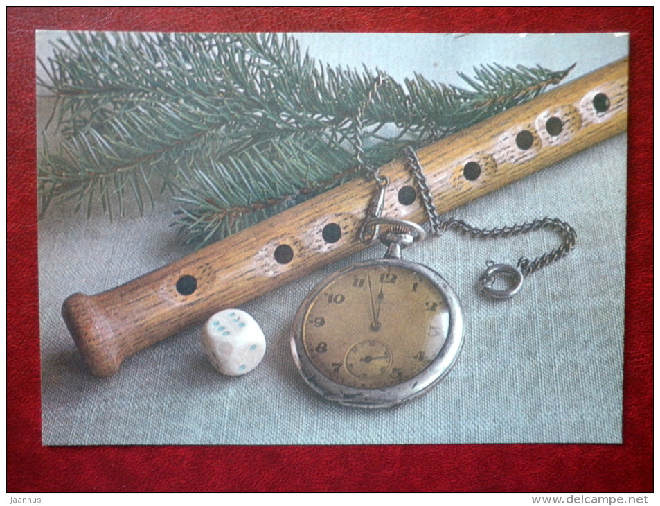 New Year Greeting card - die - watch - flute - 1986 - Estonia USSR - used - JH Postcards