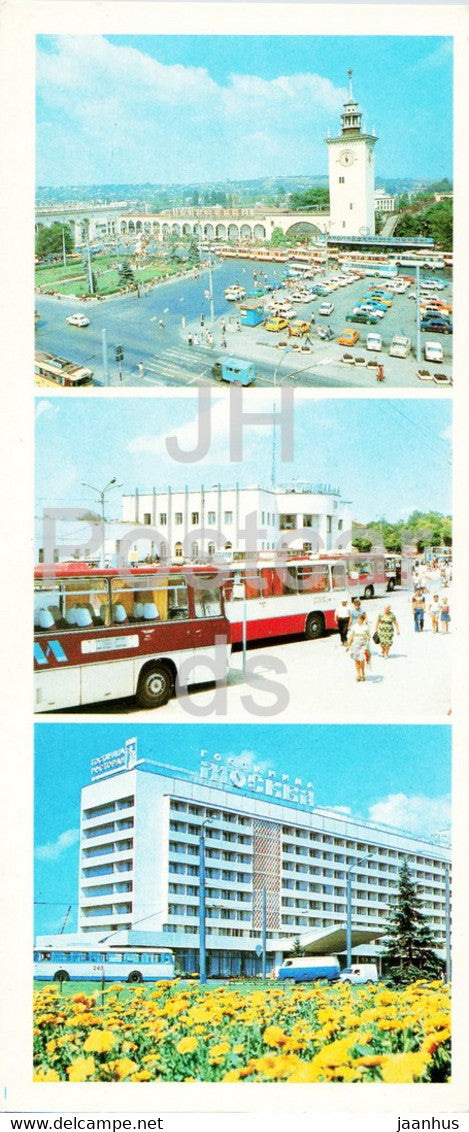 Simferopol - Railway Station - Bus Terminal - Moscow Hotel - bus Ikarus - Crimea - 1985 - Ukraine USSR - unused - JH Postcards