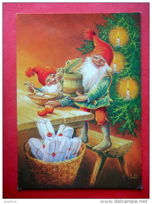 Christmas Greeting Card - elf - christmas tree - gifts - sent from Sweden to Estonia Tartu 1994 - JH Postcards
