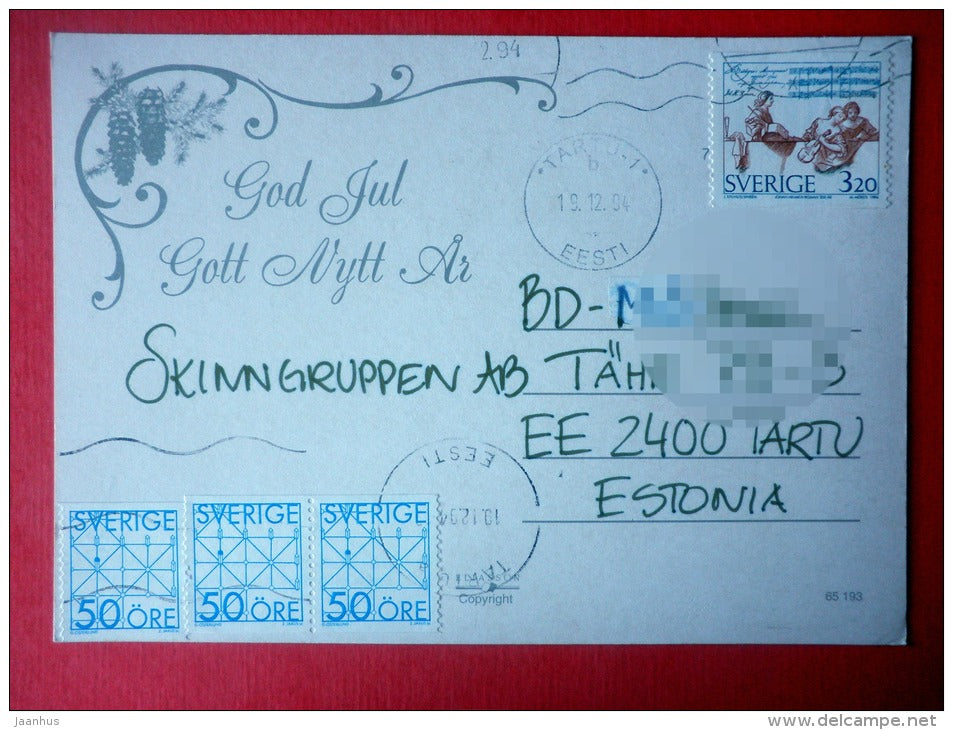 Christmas Greeting Card - elf - christmas tree - gifts - sent from Sweden to Estonia Tartu 1994 - JH Postcards