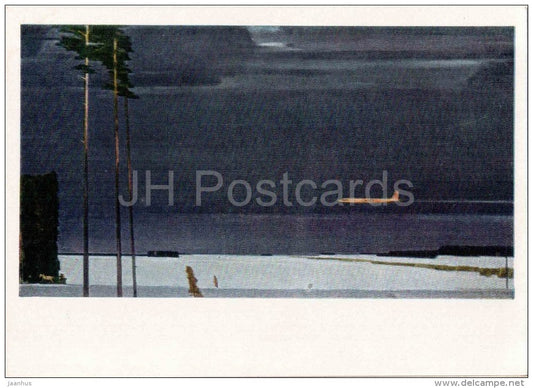 painting by G. Nissky - 3 - High over the Snow-covered Fields - airplane - russian art - unused - JH Postcards