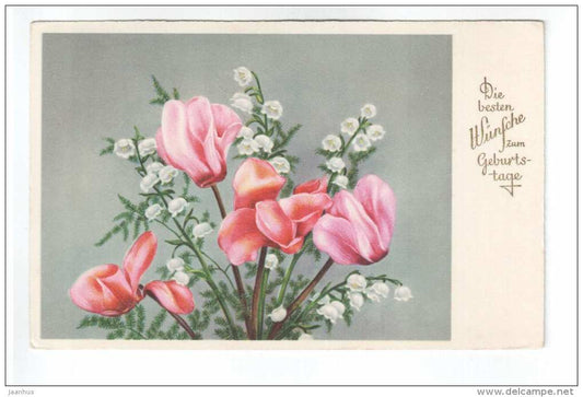 Birthday Greeting Card - flowers - cyclamen - Amag 3249 - old postcard - unused - JH Postcards