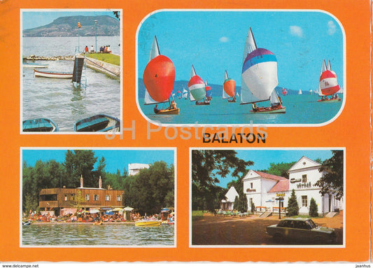 Greeting from lake Balaton - sailing boat - beach - multiview - 1985 - Hungary - used - JH Postcards