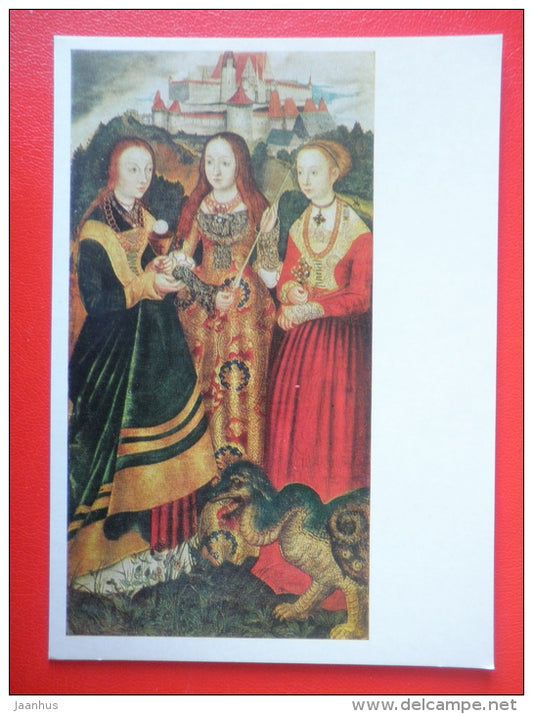 painting by Lucas Cranach the Elder . Saints Barbara, Margaret and Ursula - german art - unused - JH Postcards