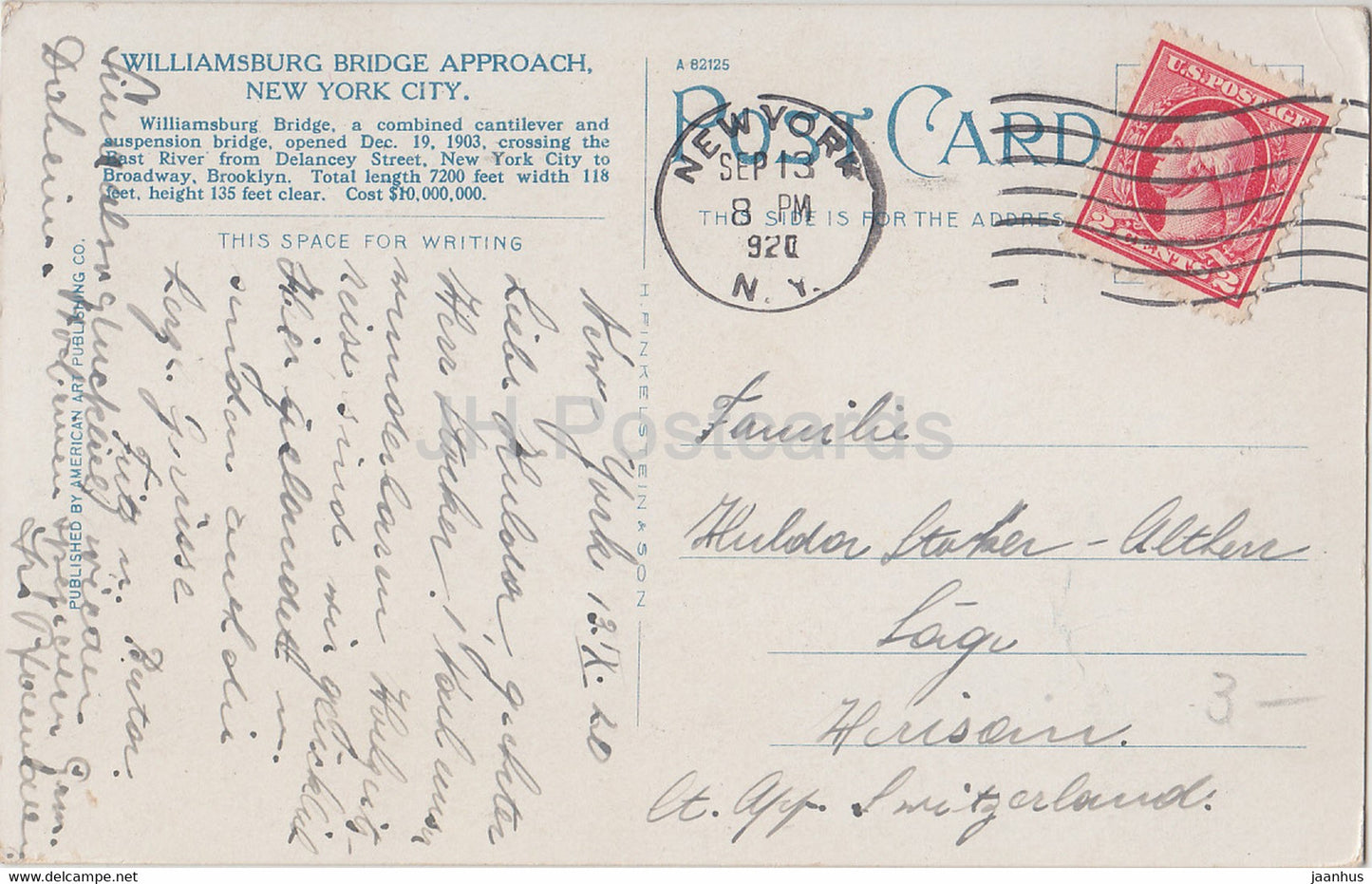 New York City - Williamsburg Bridge Approach - Straßenbahn - alte Postkarte - 1920 - Vereinigte Staaten - USA - gebraucht