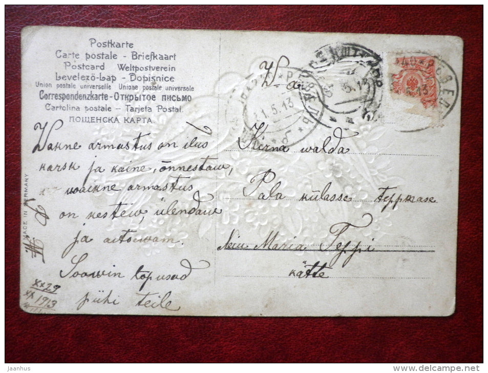 dove couple - birds - flowers - embossed - 7820 - circulated in 1913 - Tsarist Russia , Estonia - used - JH Postcards