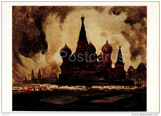 painting by V. Kuzin - St. Basil's Cathedral - Moscow - russian art - unused - JH Postcards