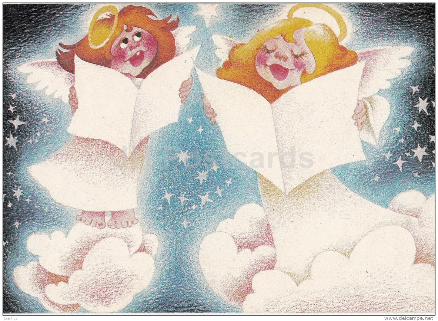New Year Greeting card - Angels - illustration - 1980s - Estonia USSR - used - JH Postcards