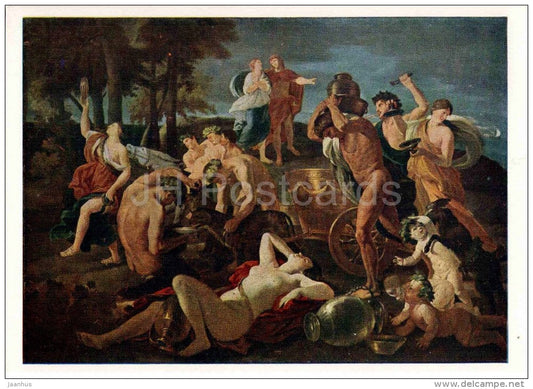 painting by Nicolas Poussin - Bacchanalia - orgia - women - french art - unused - JH Postcards