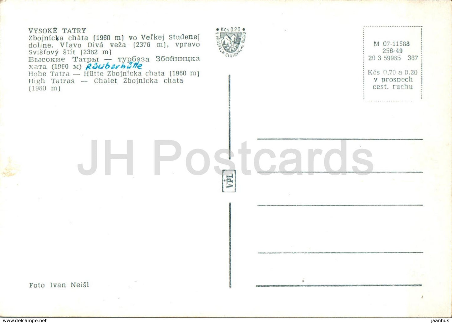 Vysoke Tatry - Zbojnicka chata vo Velkej Studenej doline - chalet - High Tatras - Slovakia - Czechoslovakia - used