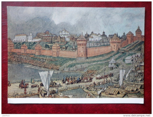 painting by A. Vasnetsov , The Moscow Kremlin . Kremlin by Ivan III time - sailing boats - russian art - unused - JH Postcards