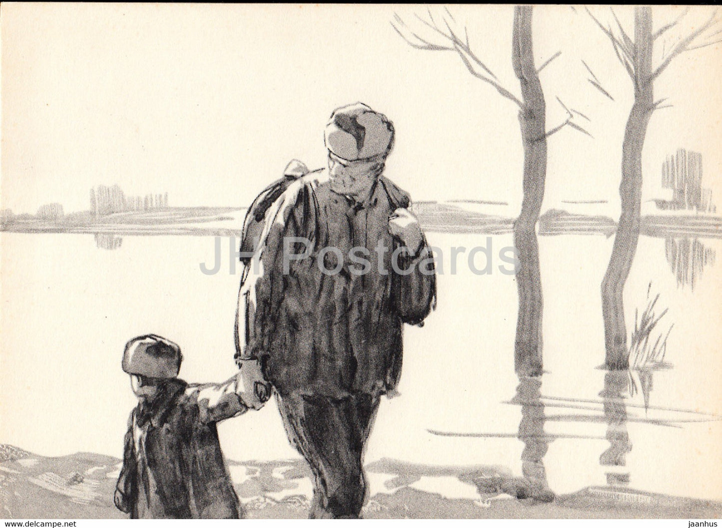 Fate of a Man by Mikhail Sholokhov - illustration by Kukryniksy - Father and Son - 1 - 1966 - Russia USSR - unused - JH Postcards
