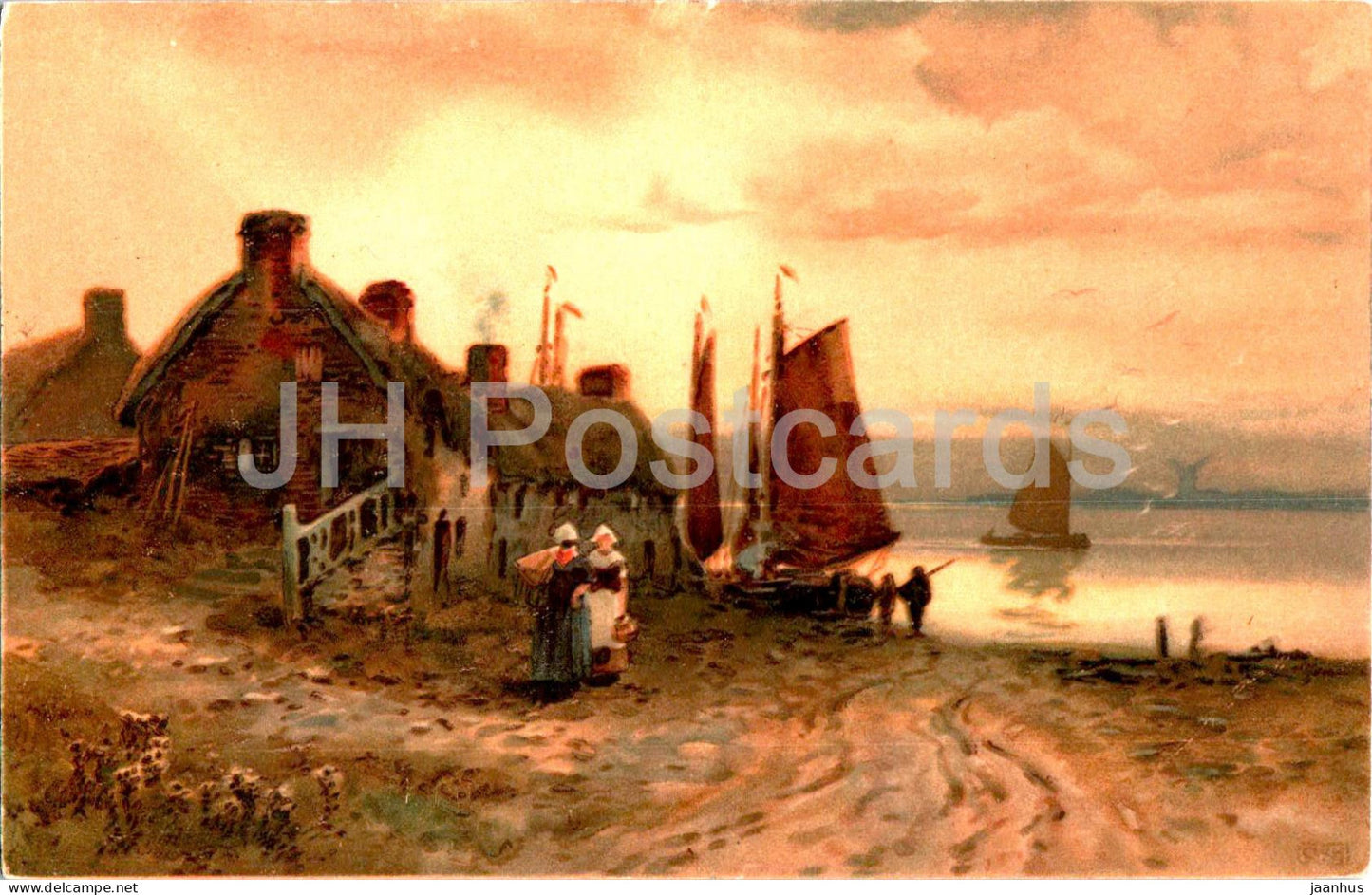 painting - coast view - 440 - old postcard - unused - JH Postcards