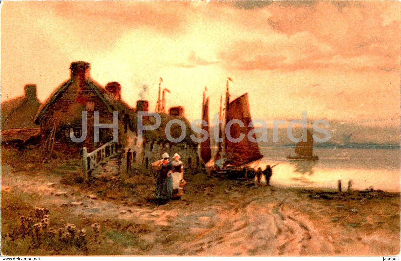 painting - coast view - 440 - old postcard - unused - JH Postcards