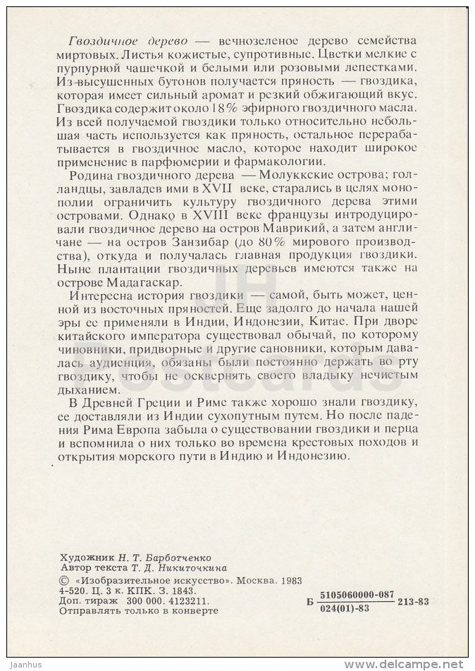 Allspice - Spice Plants - 1983 - Russia USSR - unused - JH Postcards