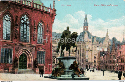 Bremen - Kaiser Wilhelm Denkmal - monument - horse - old postcard - 1911 - Germany - used - JH Postcards