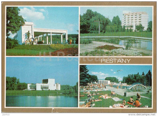 Piestany - Portal of colonnaded bridge - convalescent home - Art House - pool Eva  Czechoslovakia - Slovakia - used 1982 - JH Postcards