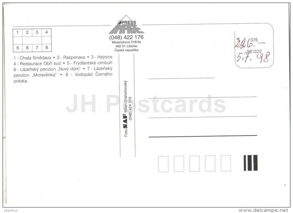 Libverda spa - Smedava cottage - Raspenava - Hejnice - restaurant - Moravenka - Novy Dum - Czech Republic - unused - JH Postcards