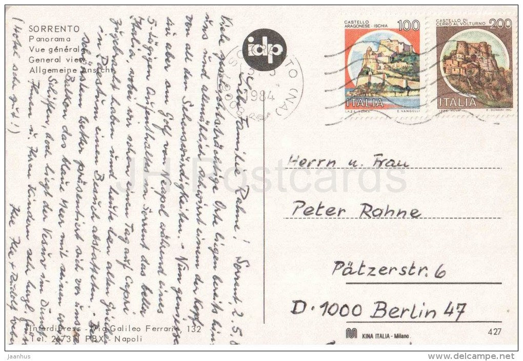 panorama - general view - Sorrento - orange - 427 - Italia - Italy - sent from Italy Sorrento to Germany Berlin 1984 - JH Postcards