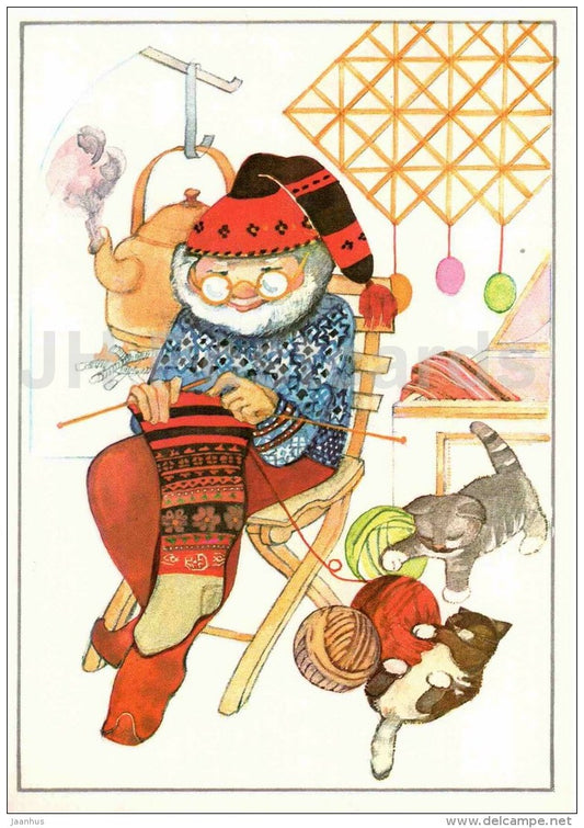 New Year Greeting card - illustration by Maarja Värv - cats - Christmas crown - knitting - 1989 - Estonia USSR - unused - JH Postcards