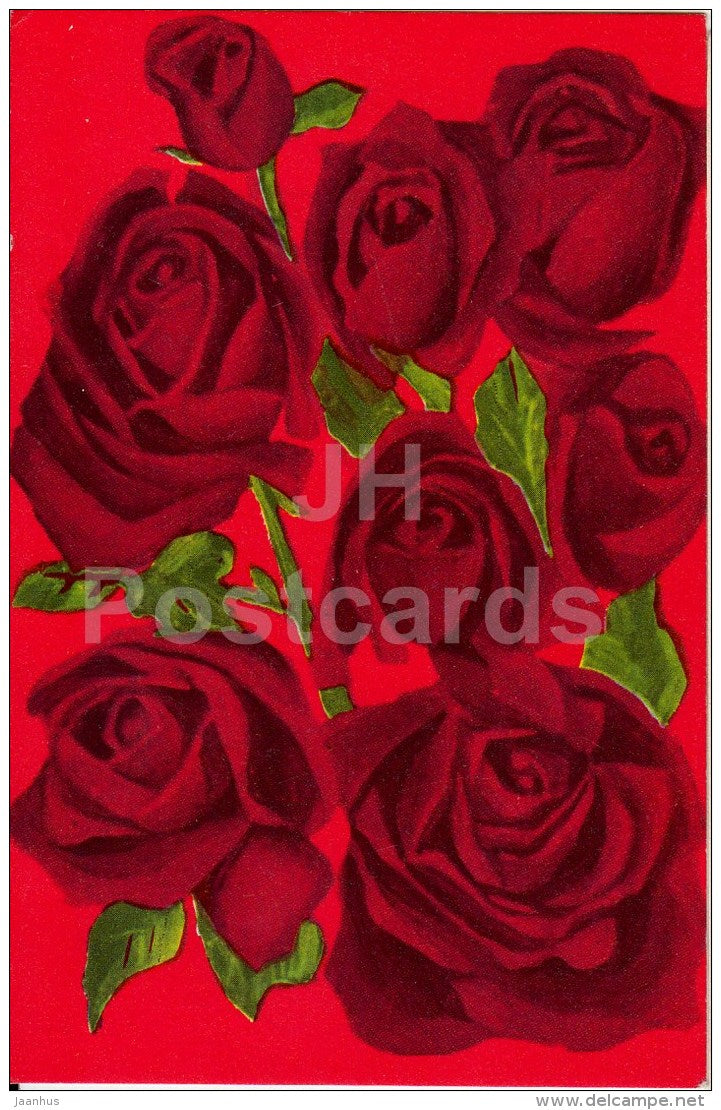 illustration by A. Vint - Red Roses - flowers - 1973 - Estonia USSR - used - JH Postcards