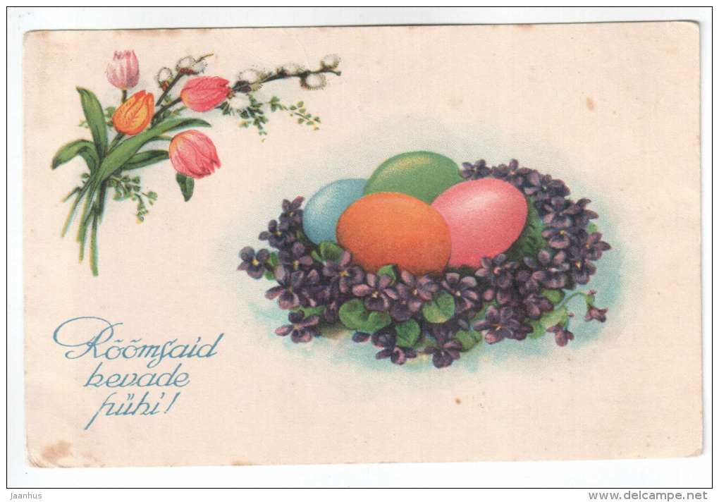 Easter Greeting Card - flowers - eggs - TEKÜ - old postcard - circulated in Estonia - used - JH Postcards