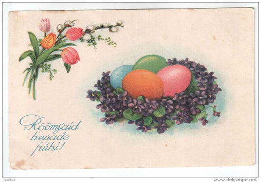 Easter Greeting Card - flowers - eggs - TEKÜ - old postcard - circulated in Estonia - used - JH Postcards