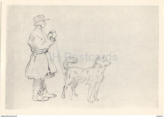 Drawing by V. Vasnetsov - Shepherd boy - dog - Russian art - 1963 - Russia USSR - unused - JH Postcards