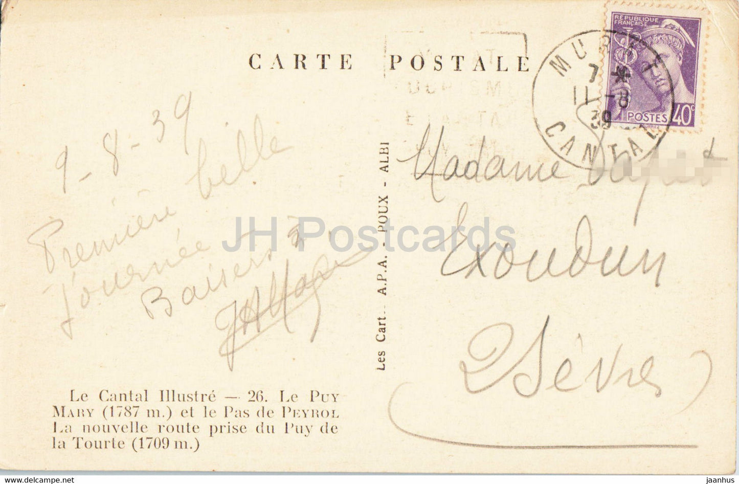Le Cantal Illustre - Le Puy Mary et le Pas de Peyrol - old postcard - 1939 - France - used