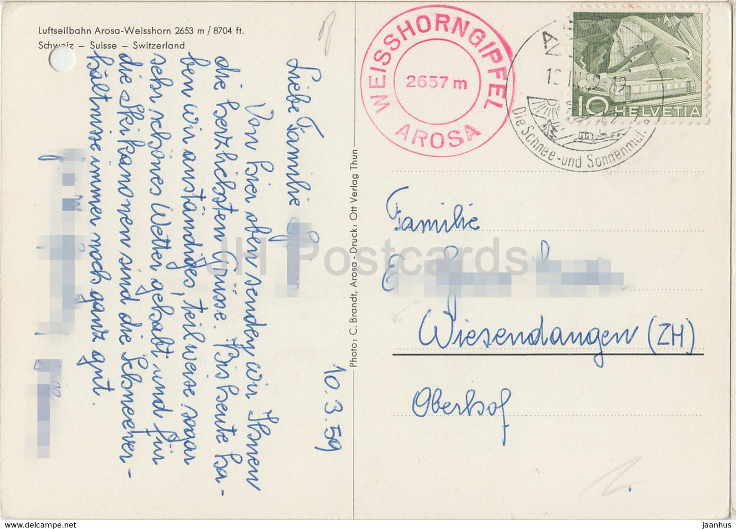 Luftseilbahn Arosa Weisshorn 2653 m - Weisshorngipfel - cable car - 1959 - Switzerland - used