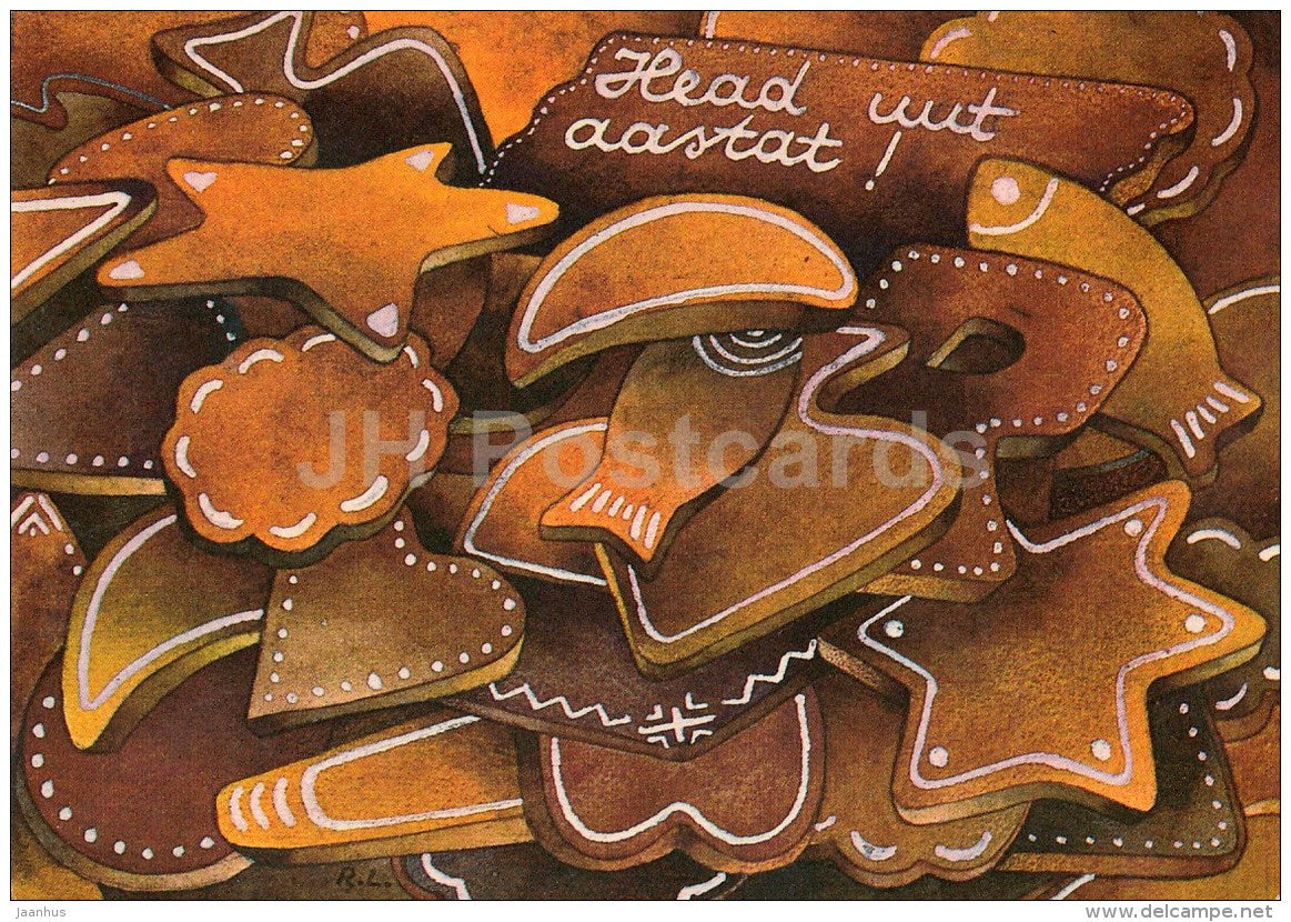 New Year Greeting card - 1 - by R. Lukk - Gingerbread - 1987 - Estonia USSR - used - JH Postcards