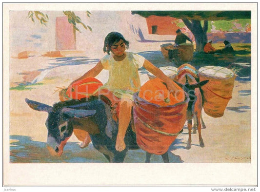 painting by Ara Bekaryan - Ashtarak , 1974 - girl - donkey - armenian art - unused - JH Postcards